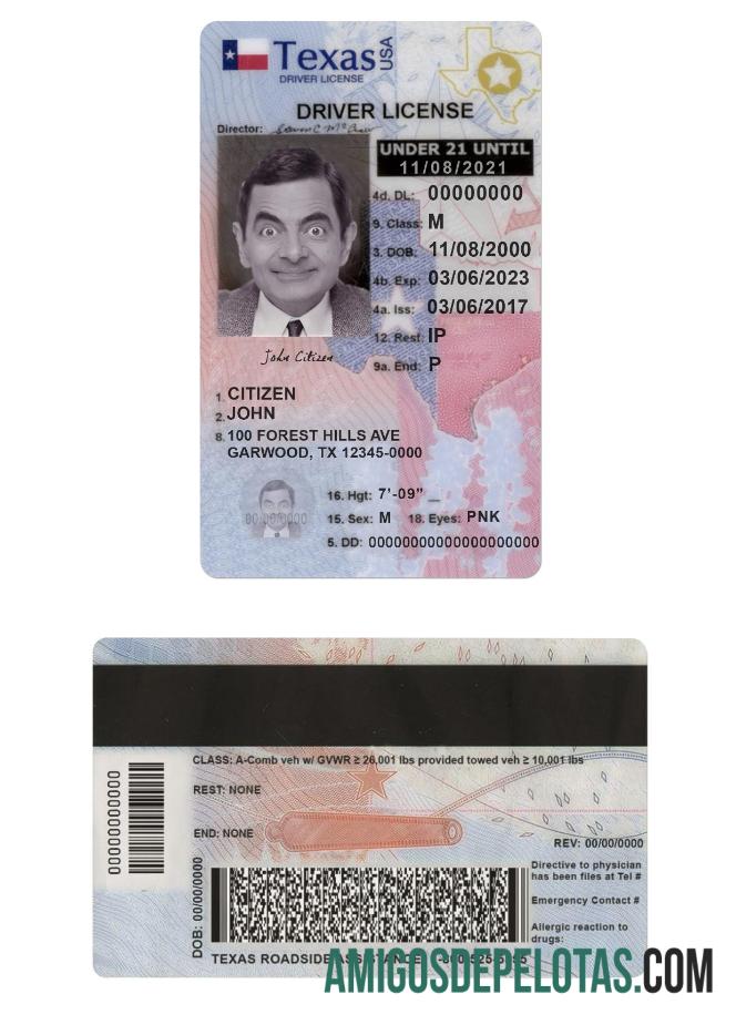 Carta de condução dos EUA Texas com menos de 21 anos baixar para verificação